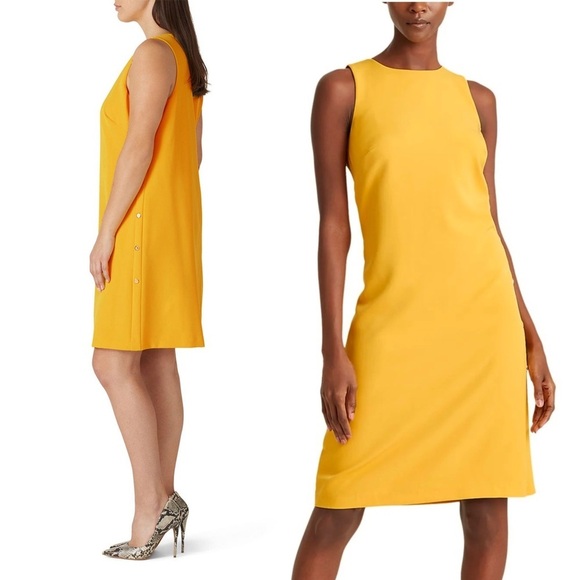 RALPH LAUREN Goldenrod Crepe Sleeveless Side Button Detail A-Line Shift Dress 16 - Picture 4 of 9